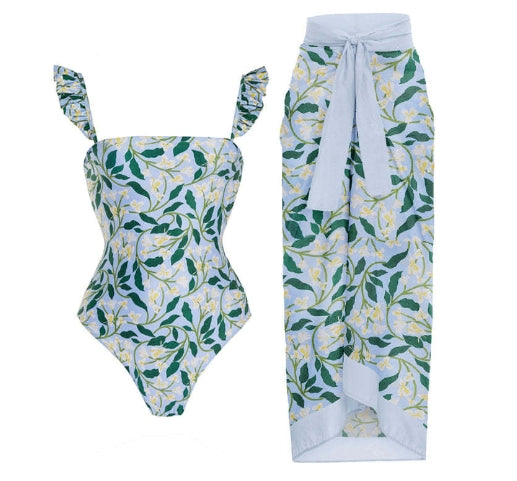 Retro Print One-Piece Swimsuit and Cover-Up Skirt Set