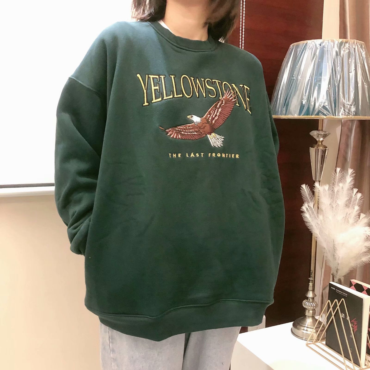 Eagle Embroidered Fleece Sweatshirt with Round Neck | Streetwear