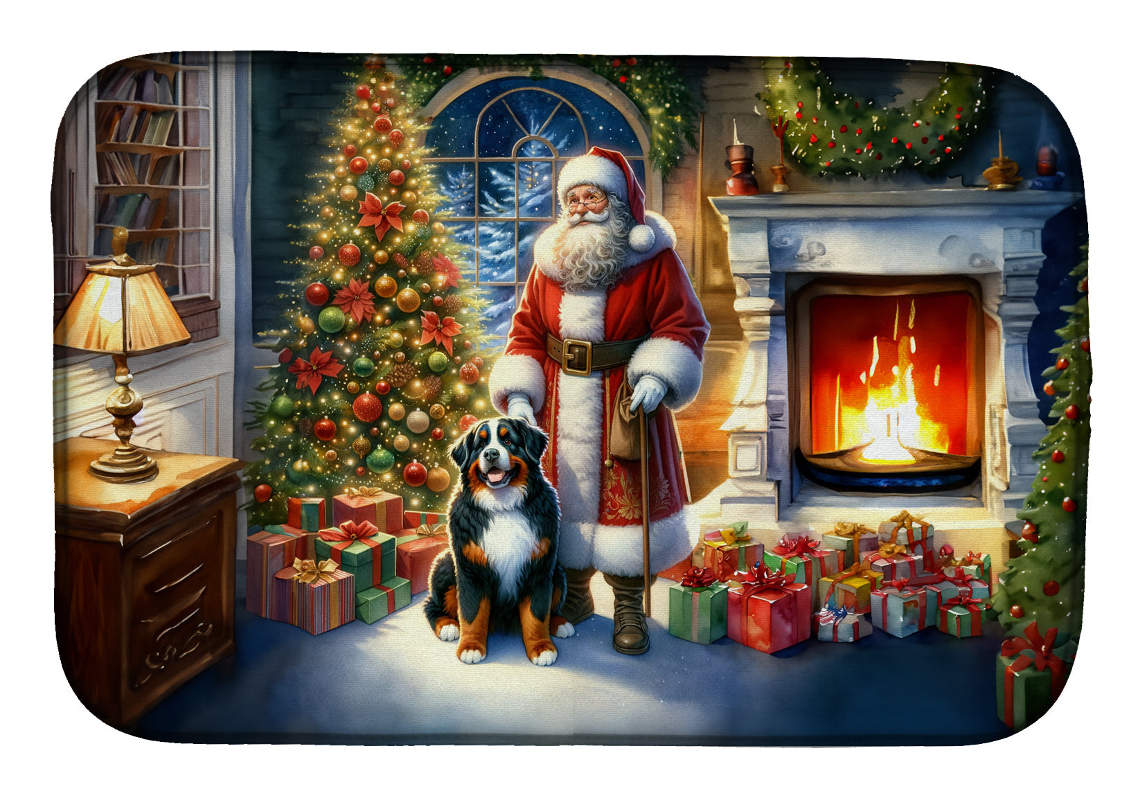 Bernese Mountain Dog and Santa Claus Dish Drying Mat