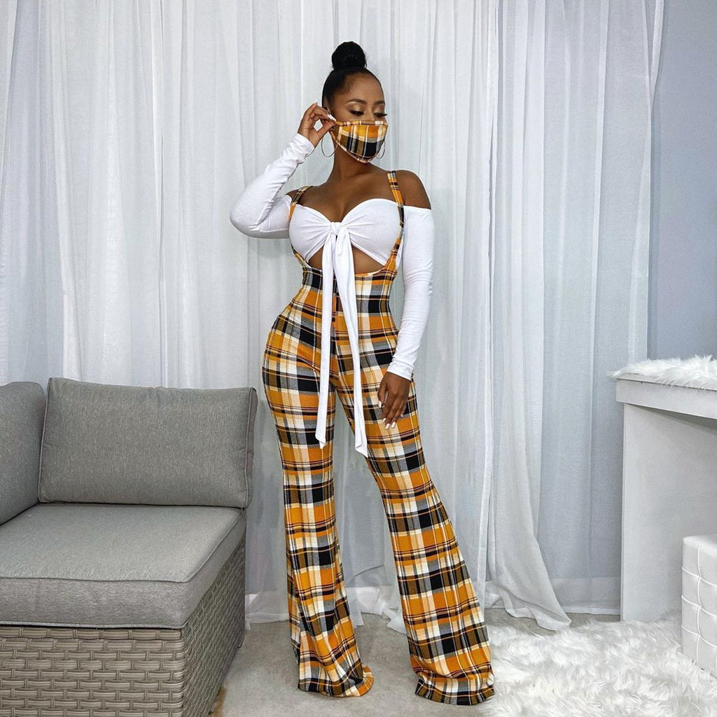 B2009 Checkered Print Bodysuit Two-Piece Set