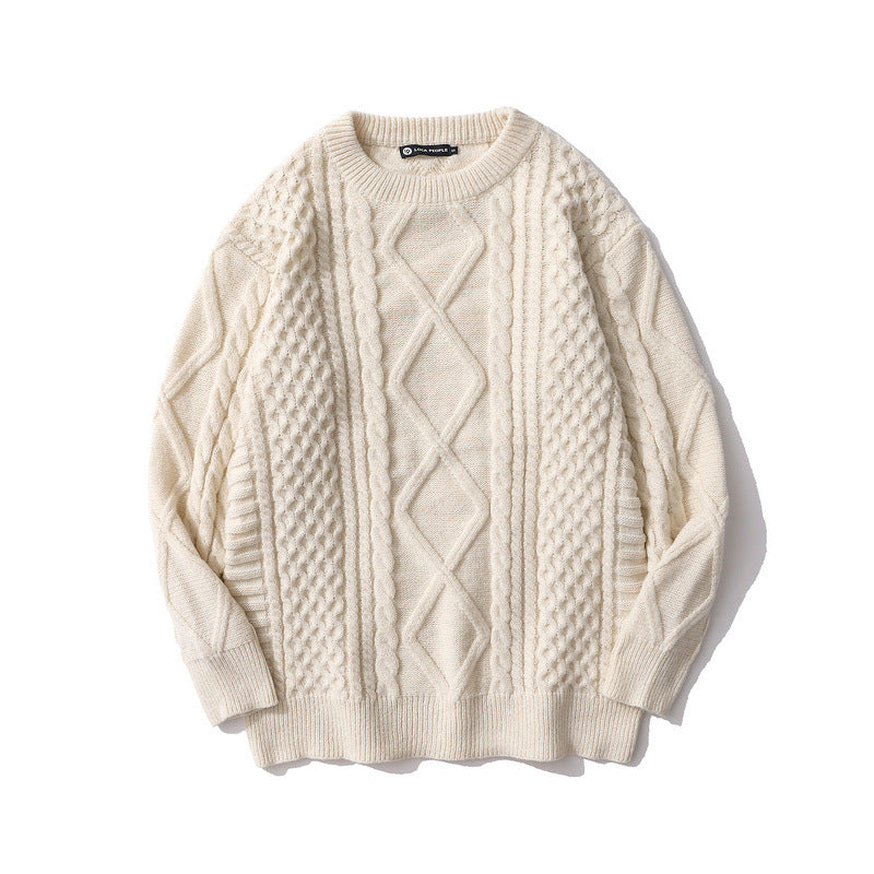 Japanese Retro Rhombus Twist Round Neck Sweater
