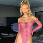 Mesh Long Sleeve Bodysuit with Off-Shoulder Design