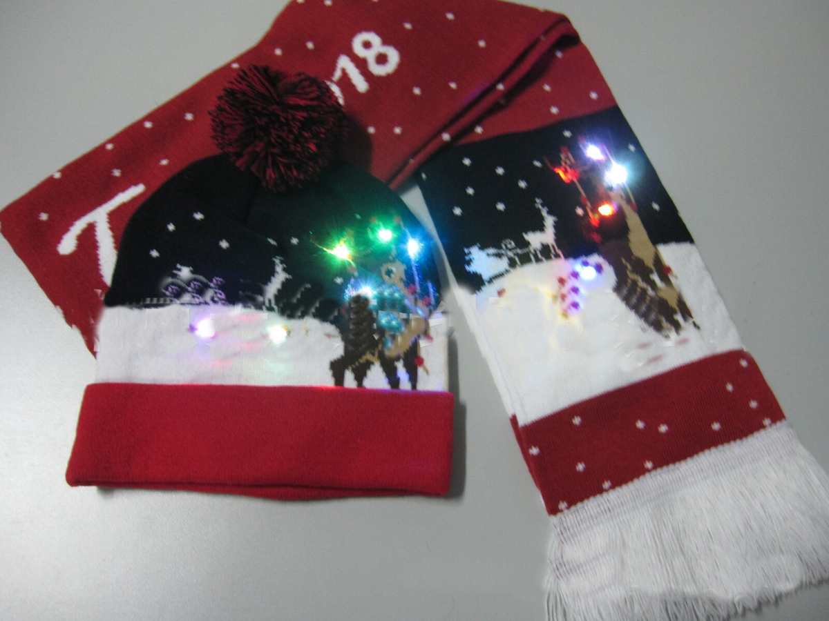 Scarf and Hat Set with LED and Reindeer Design | Embroidered Cap