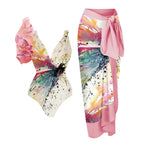 2023 Women's Ruffle Trim Dragonfly Print Swimsuit Set