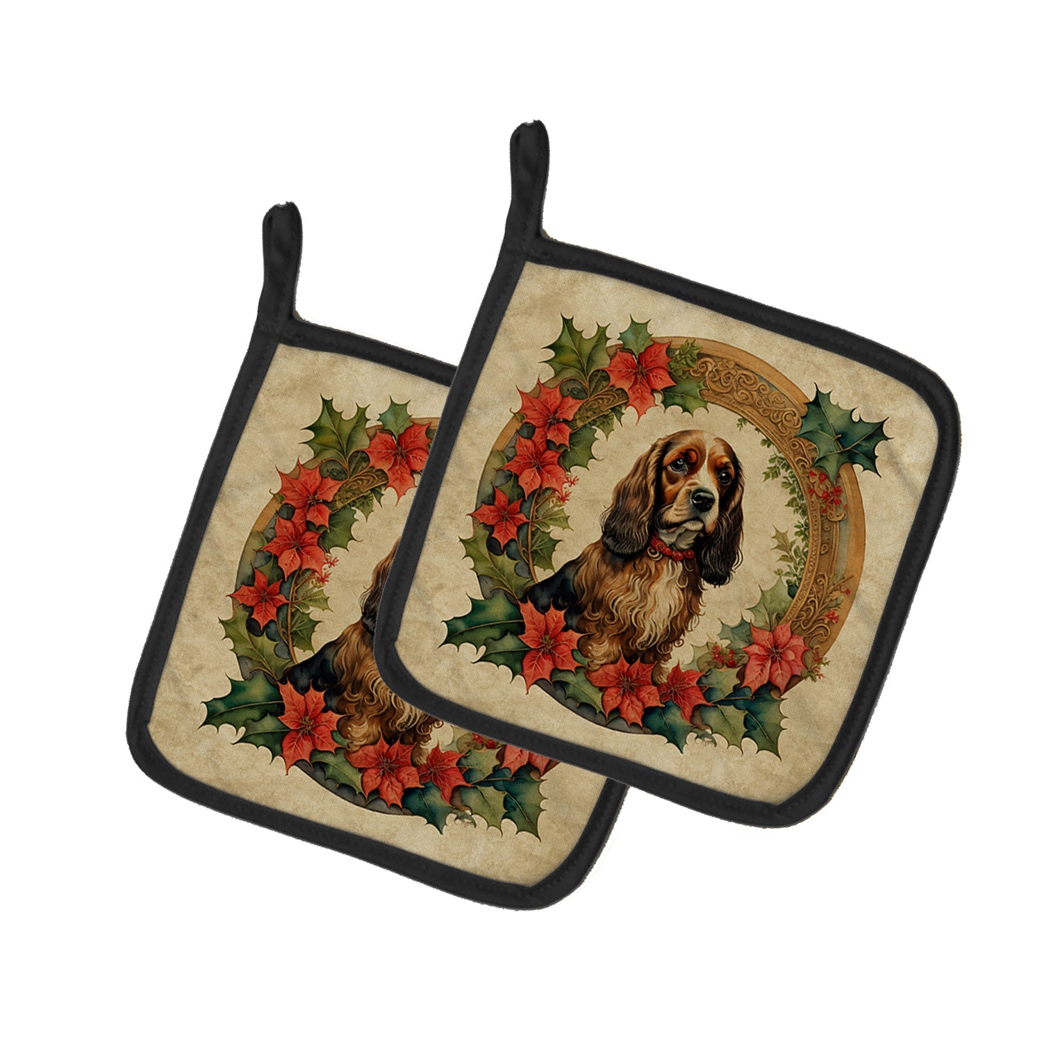 English Cocker Spaniel Christmas Flowers Pair of Pot Holders