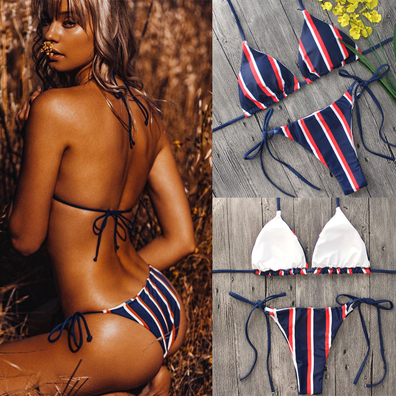 Classic Striped Bikini Set with Ties and Print Design