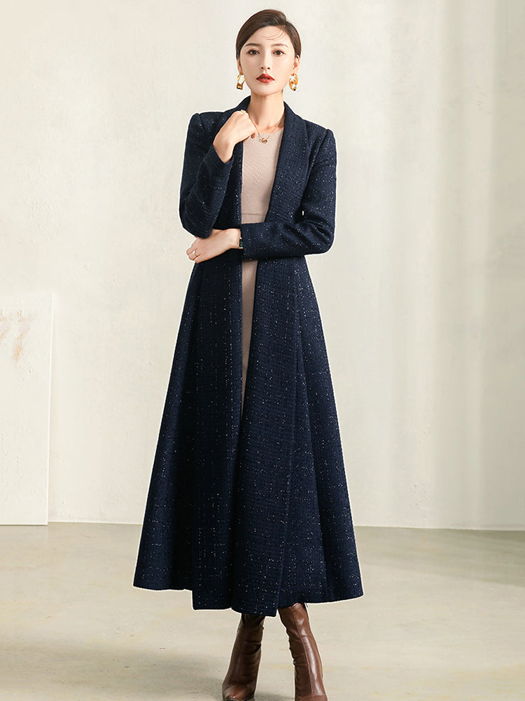 Women's Autumn Winter Blue Plaid Wool Coat with Collar