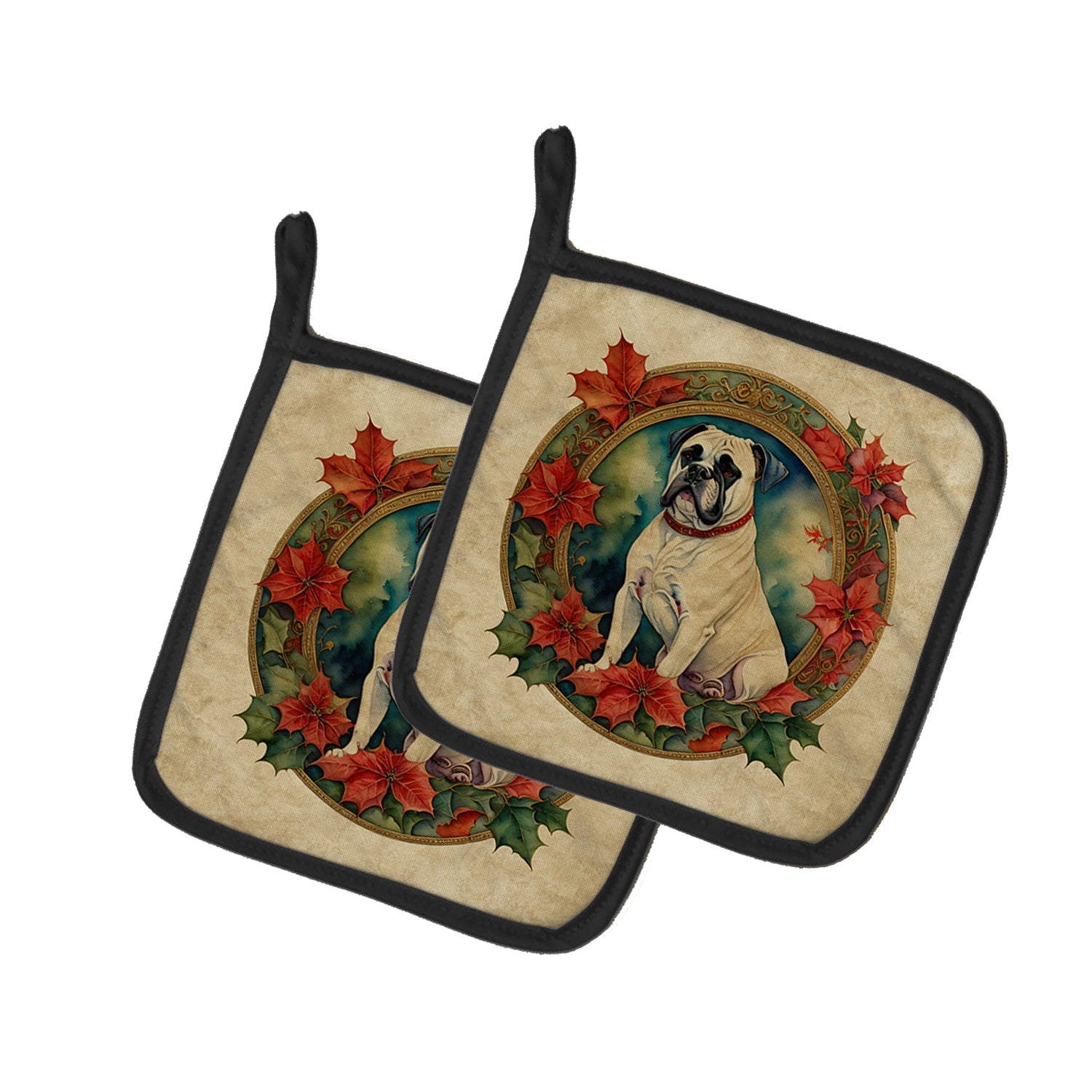 White Boxer Christmas Flowers Pair of Pot Holders
