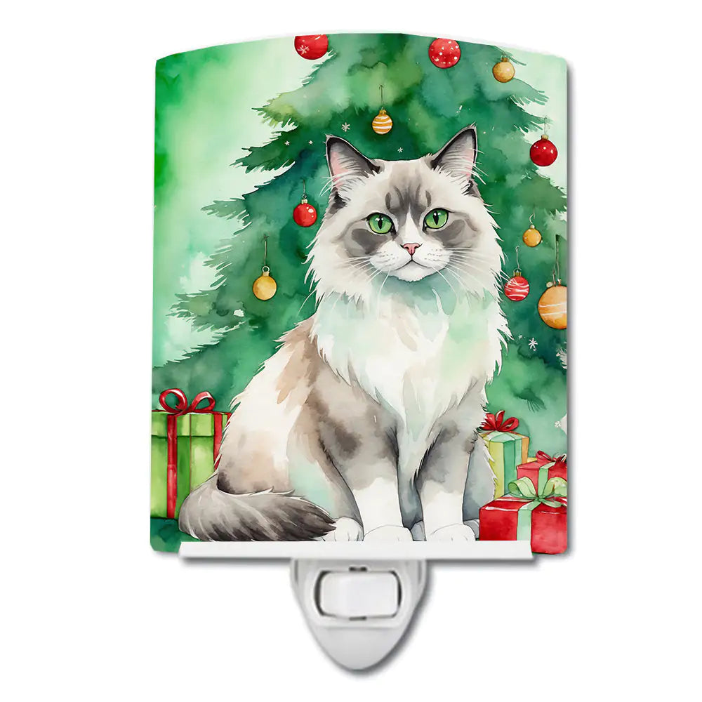 Ragdoll Cat By the Christmas Tree Ceramic Night Light