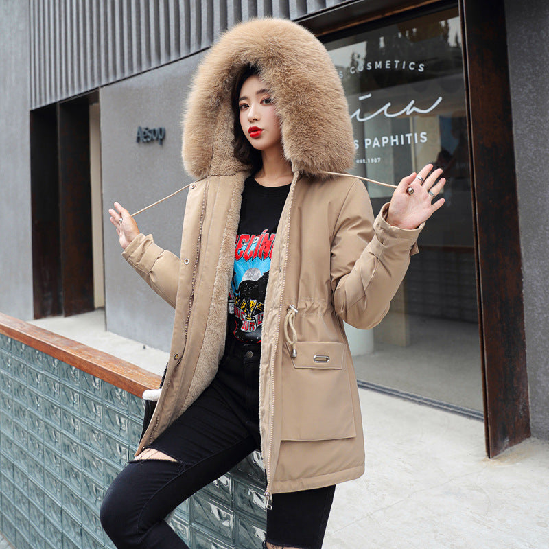 Oversized Fur Collar Plus Velvet Cotton Coat for Women