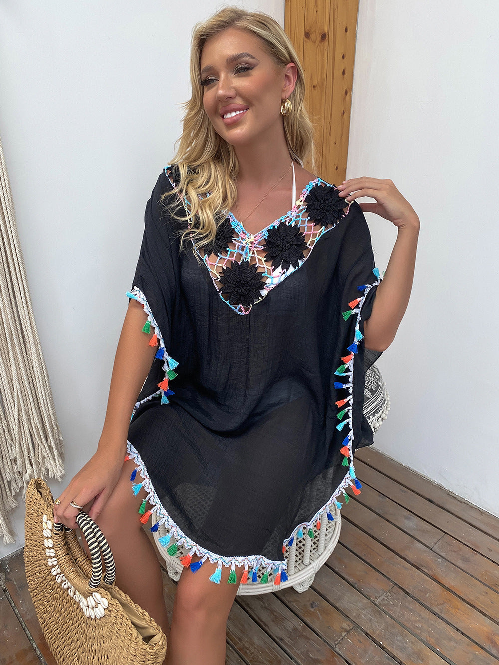 Solid Color V-Neck Crochet Beach Cover-Up Dress