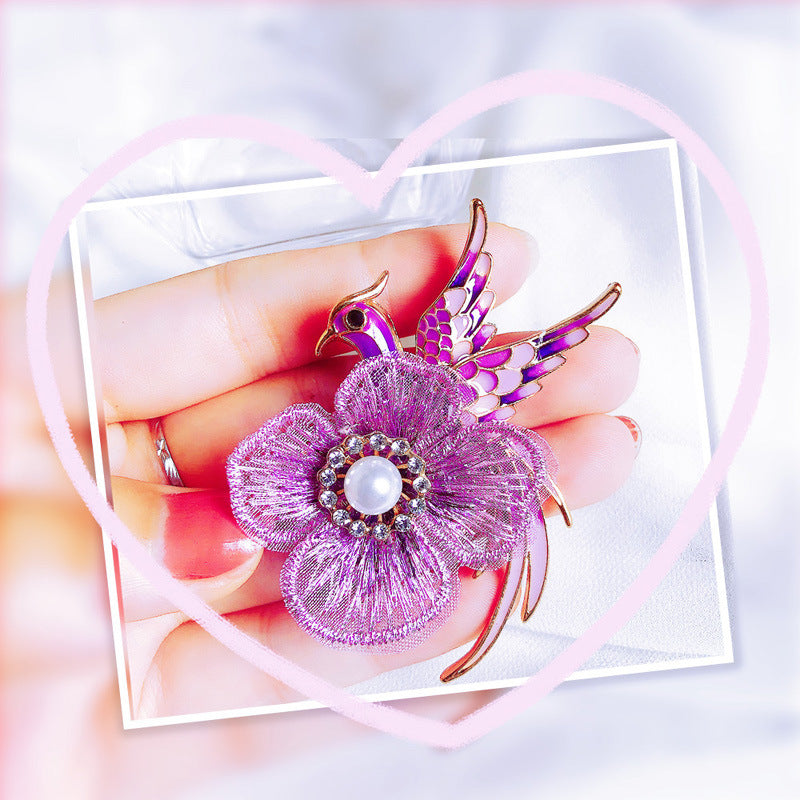 Handmade Embroidered Brooch with Enamel Bird