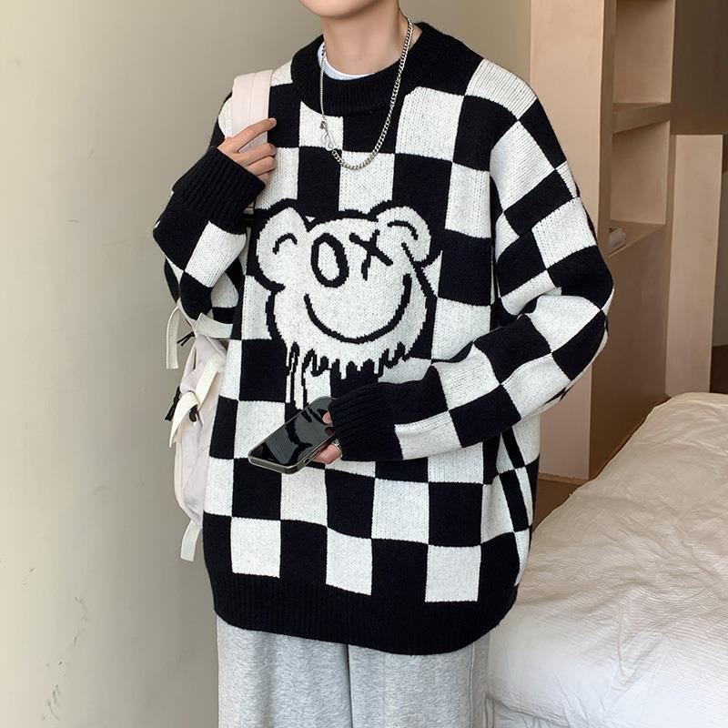 Loose Chessboard Round Neck Sweater for Men