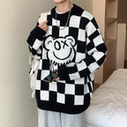 Loose Chessboard Round Neck Sweater for Men