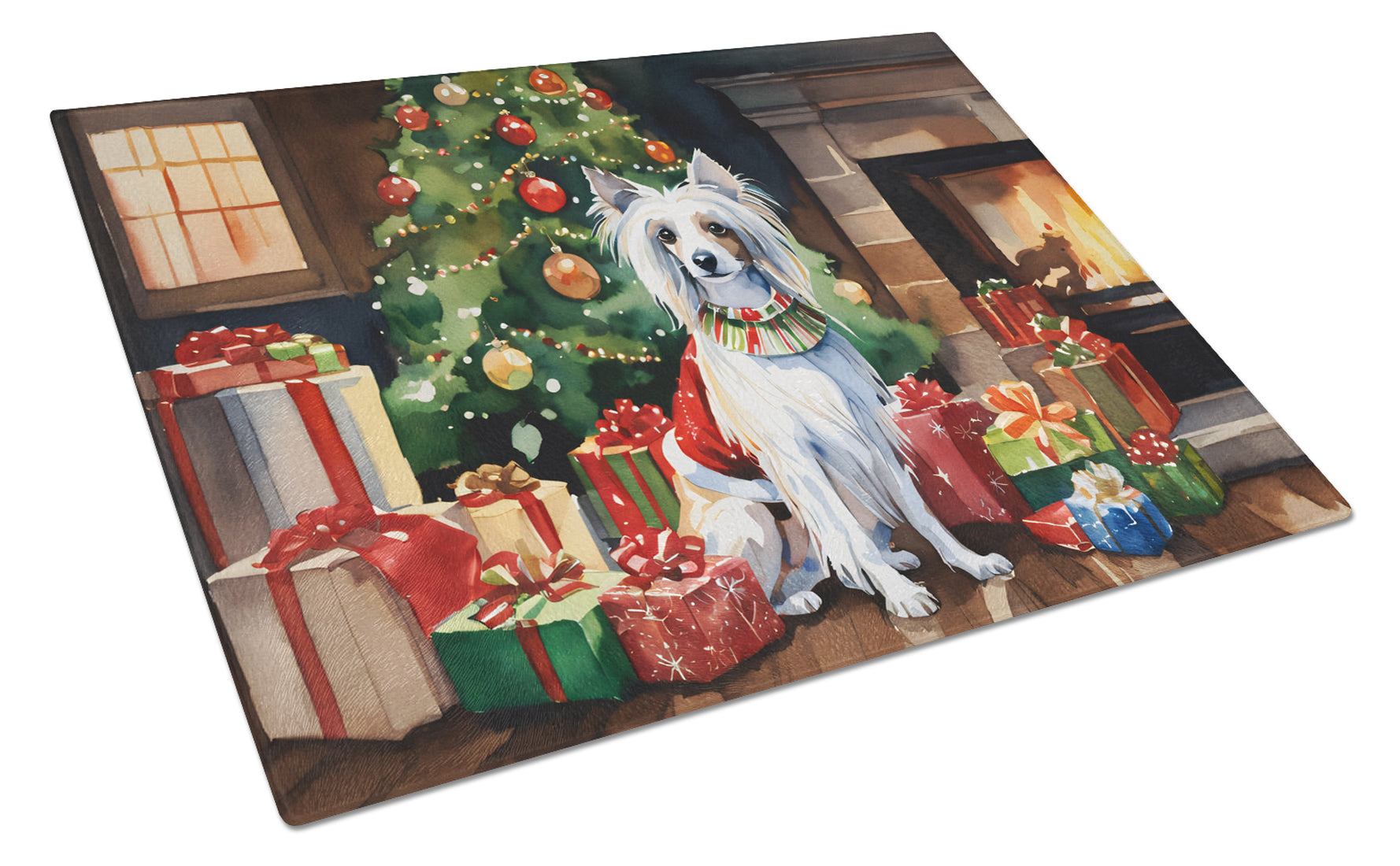 Chinese Crested Cozy Christmas Glass Cutting Board