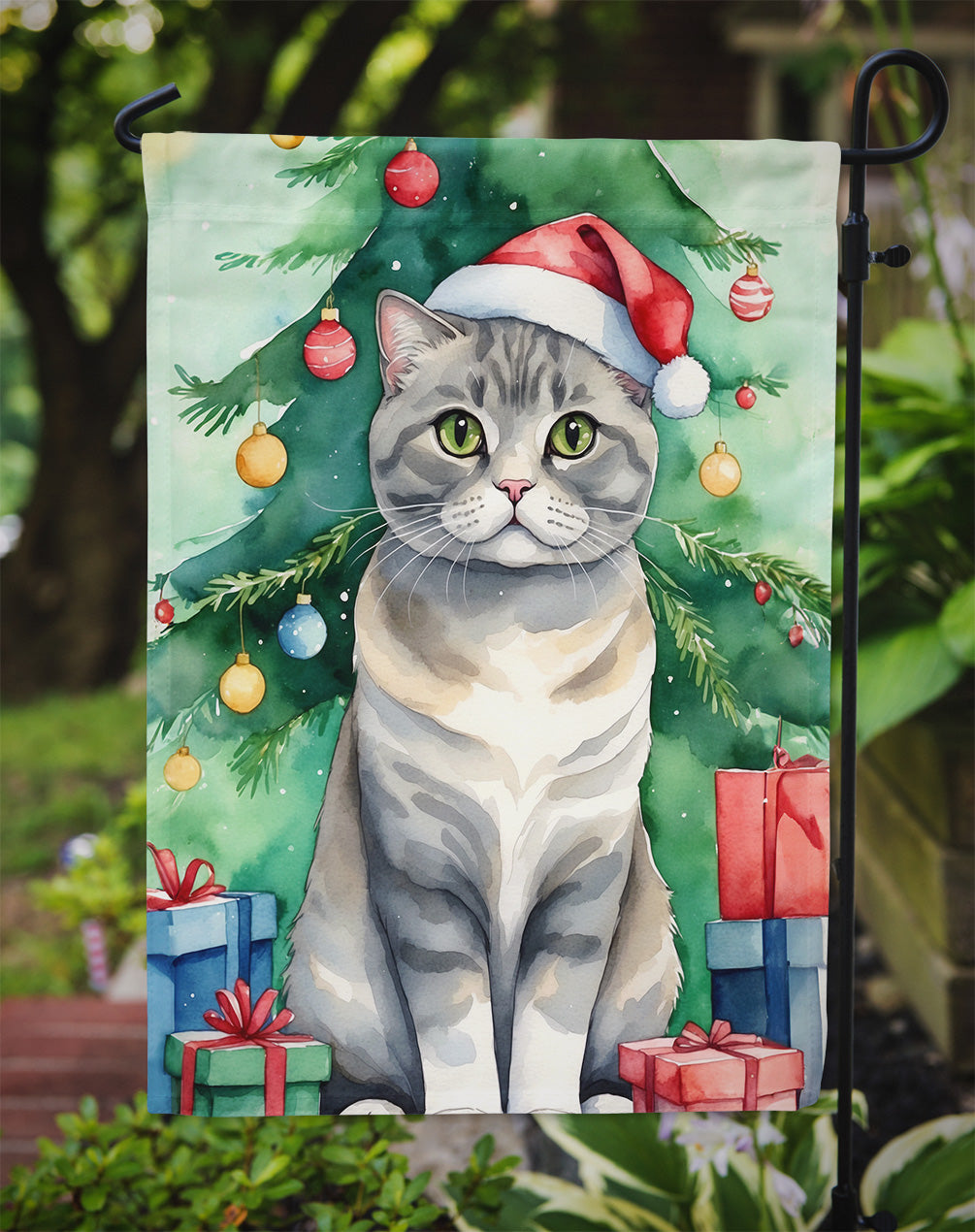 Scottish Fold Cat By the Christmas Tree Garden Flag