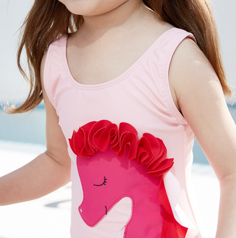 Girls' Cartoon One-Piece Swimsuit with Pony Design