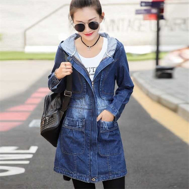 Women's Hooded Denim Jacket with Long Sleeves