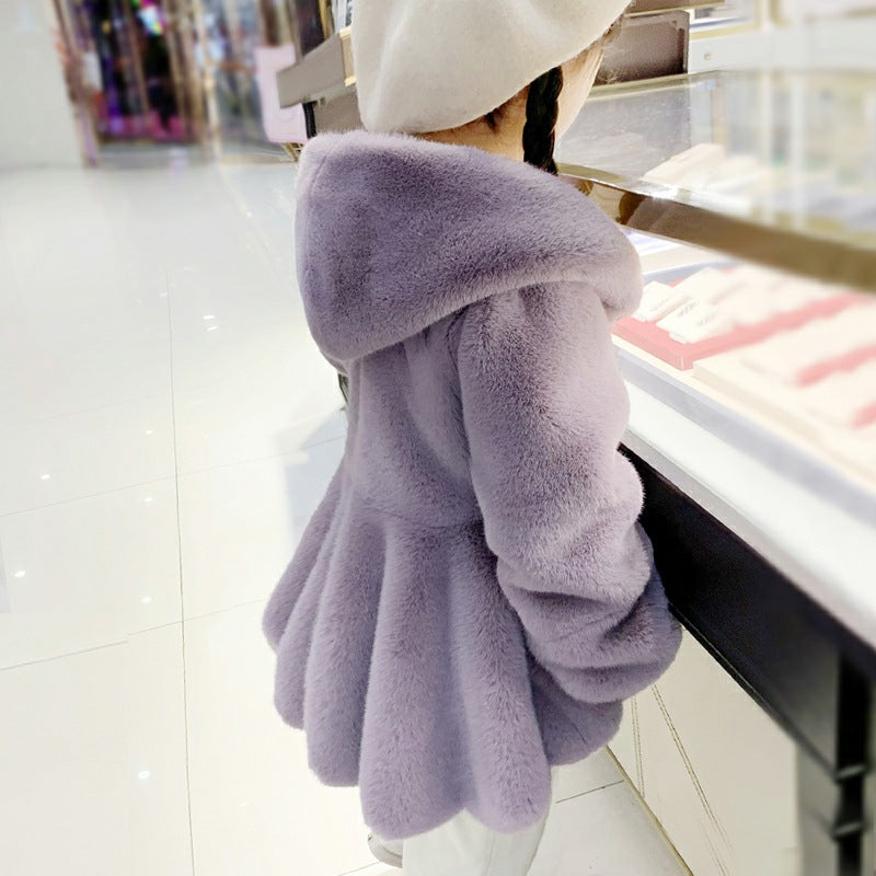 Personalized Girls' Thickened Hooded Rabbit Fur Coat