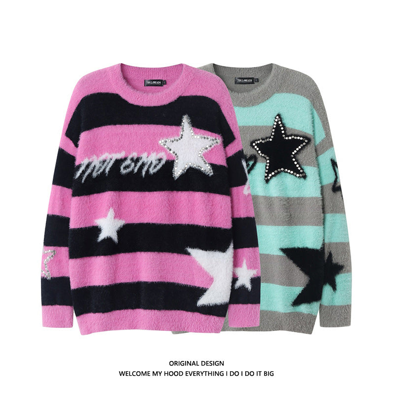 American-style Striped Rivet Sweater for Lazy Days