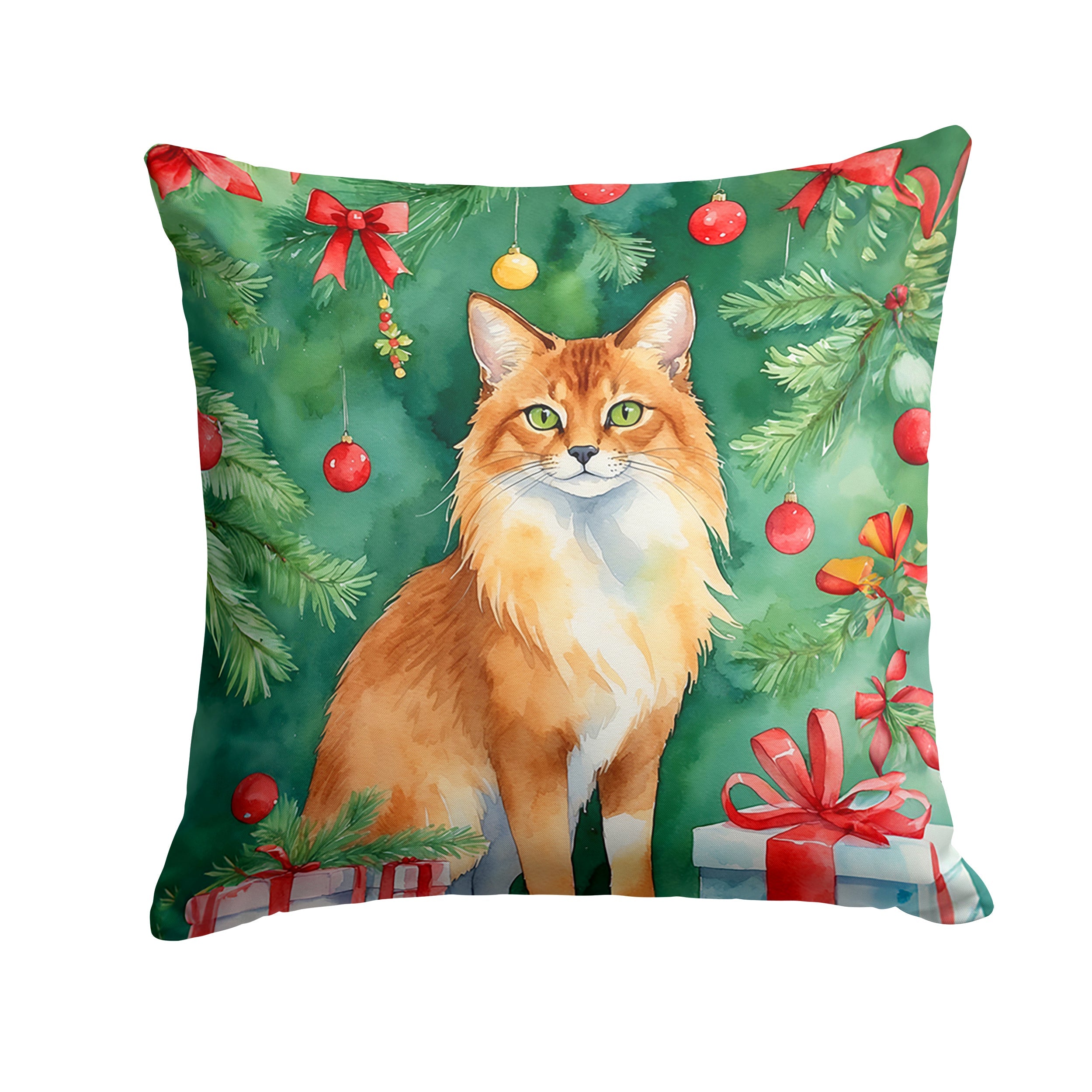Somali Cat By the Christmas Tree Throw Pillow