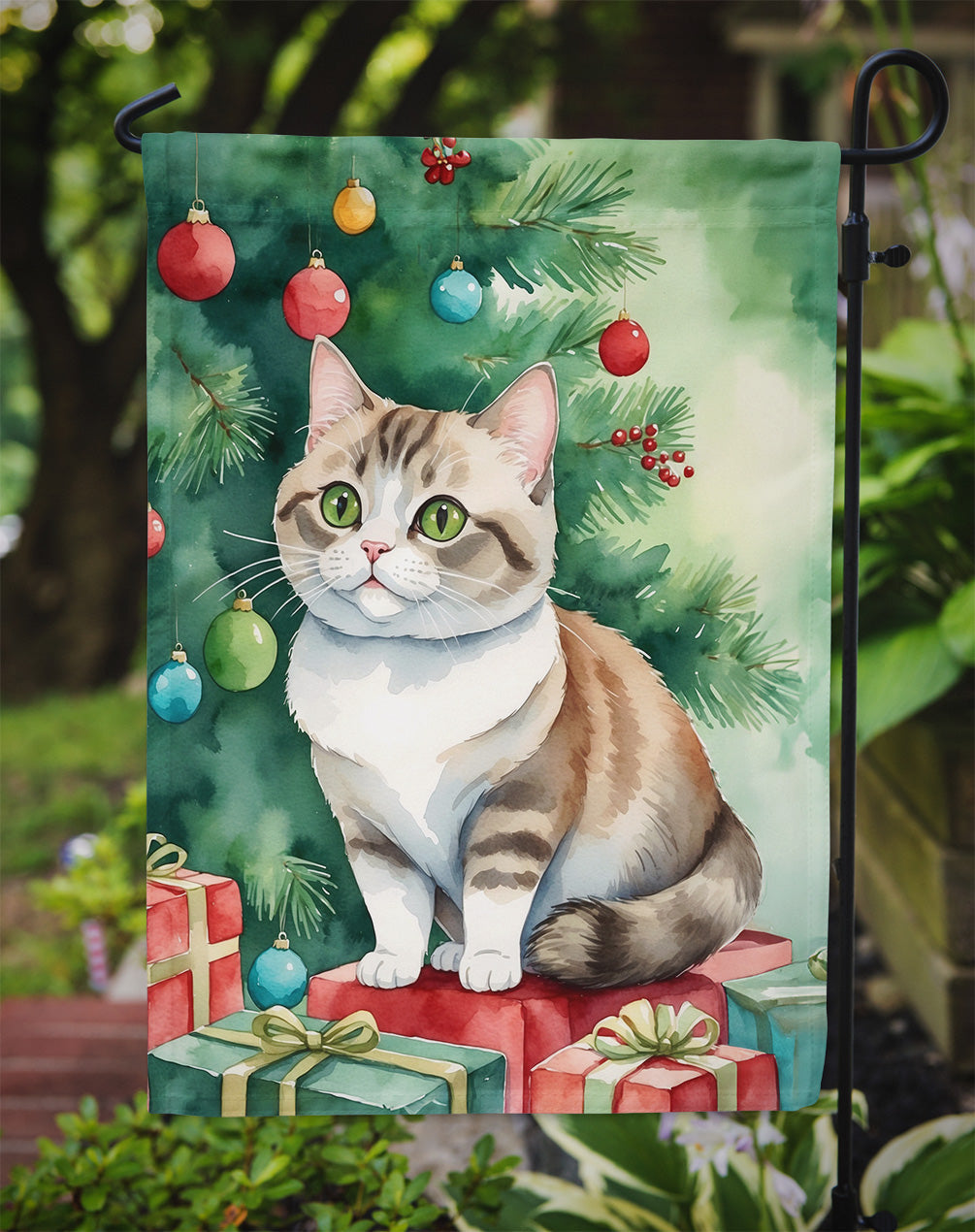 Munchkin Cat By the Christmas Tree Garden Flag