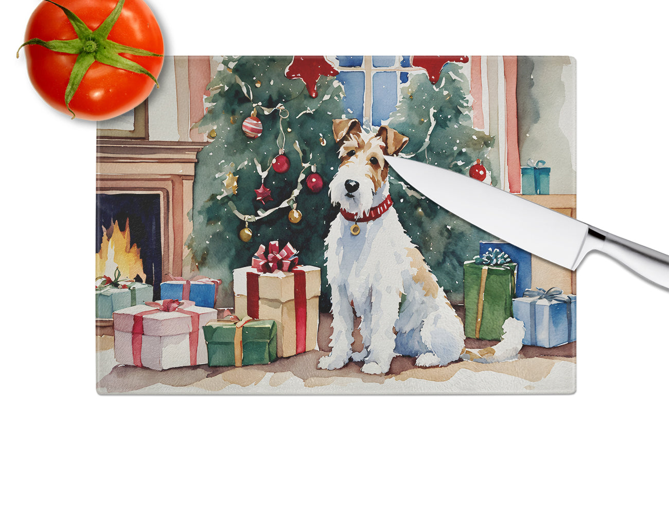 Fox Terrier Cozy Christmas Glass Cutting Board