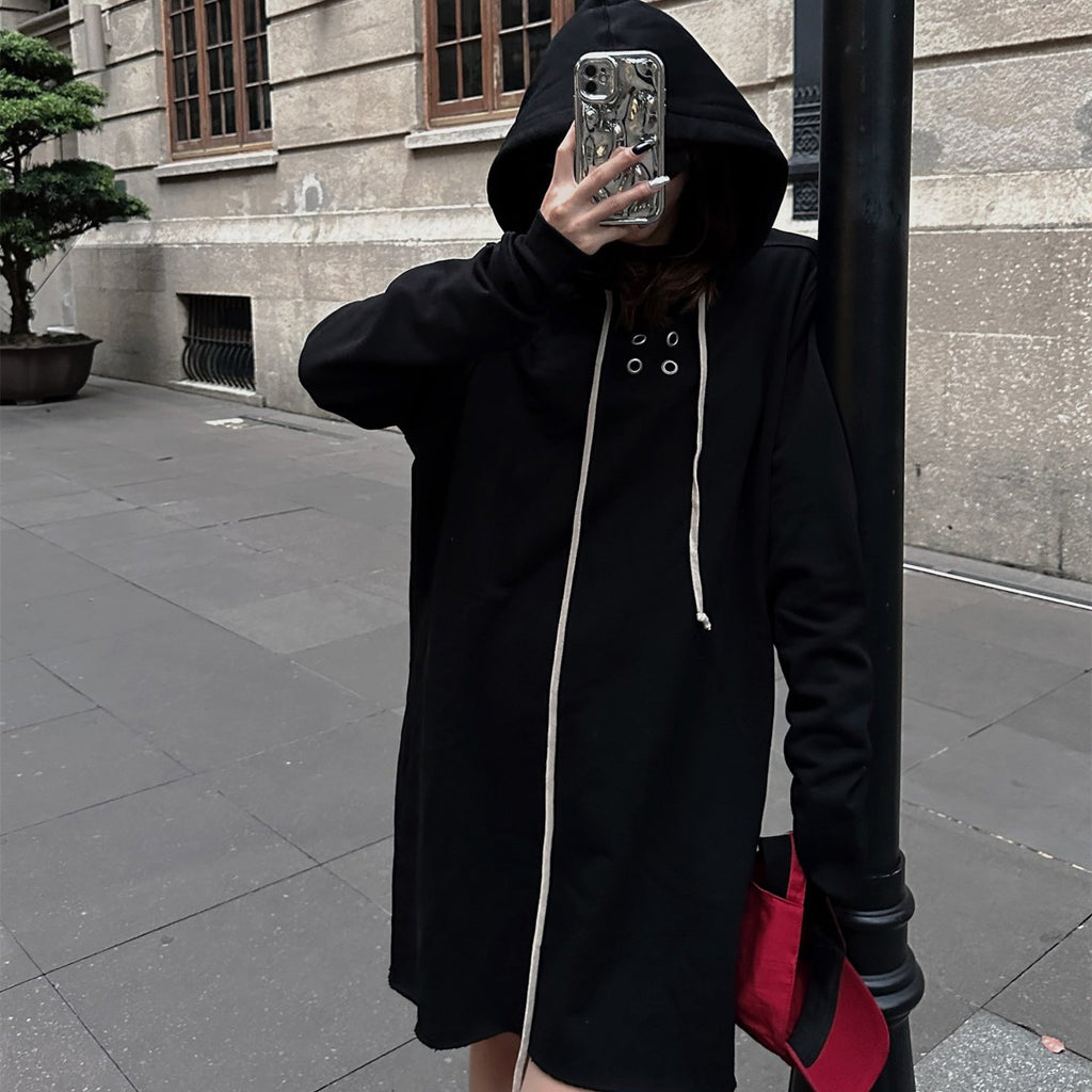 Long Black Hoodie with Drawstrings | Streetwear