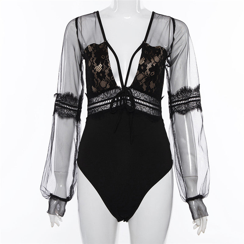 Lace-Trimmed V-Neck Lantern Sleeve Bodysuit