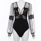 Lace-Trimmed V-Neck Lantern Sleeve Bodysuit