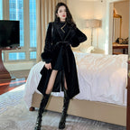 Women's Velvet Black Mid-Length Coat