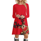 Casual Printed Christmas Long Sleeve Crewneck Dress