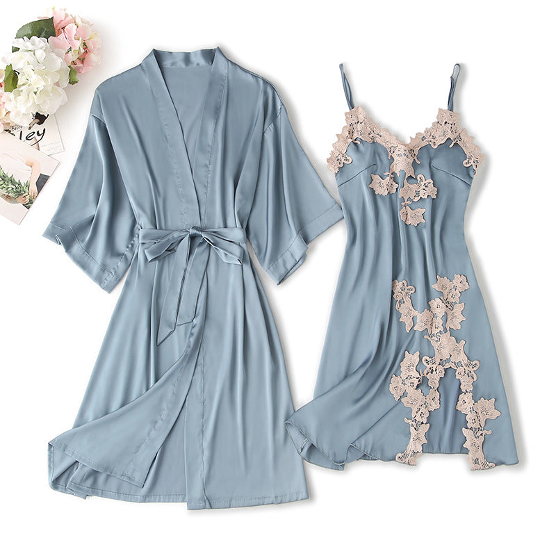 Spring Summer Satin Lingerie Set with Lace Trim