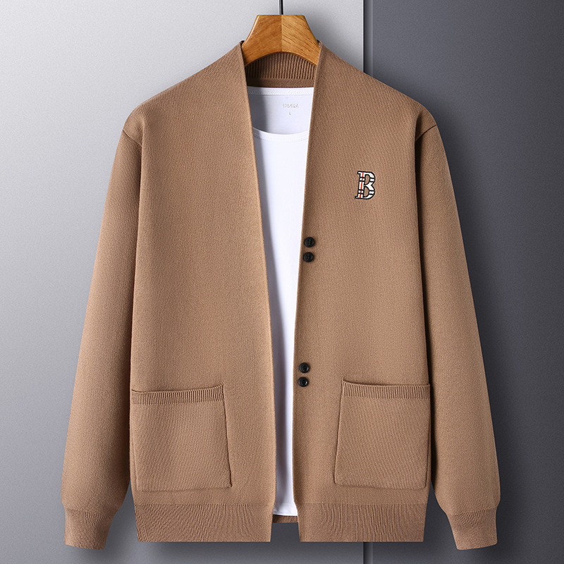 Men's Autumn Knitted Cardigan with Simple Embroidery