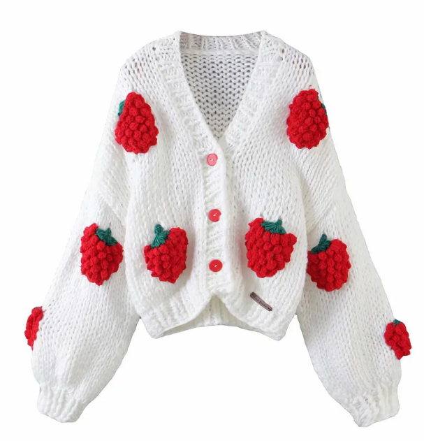 Handmade Crochet Cardigan Sweater Women Fruit Jacquard Embroidery