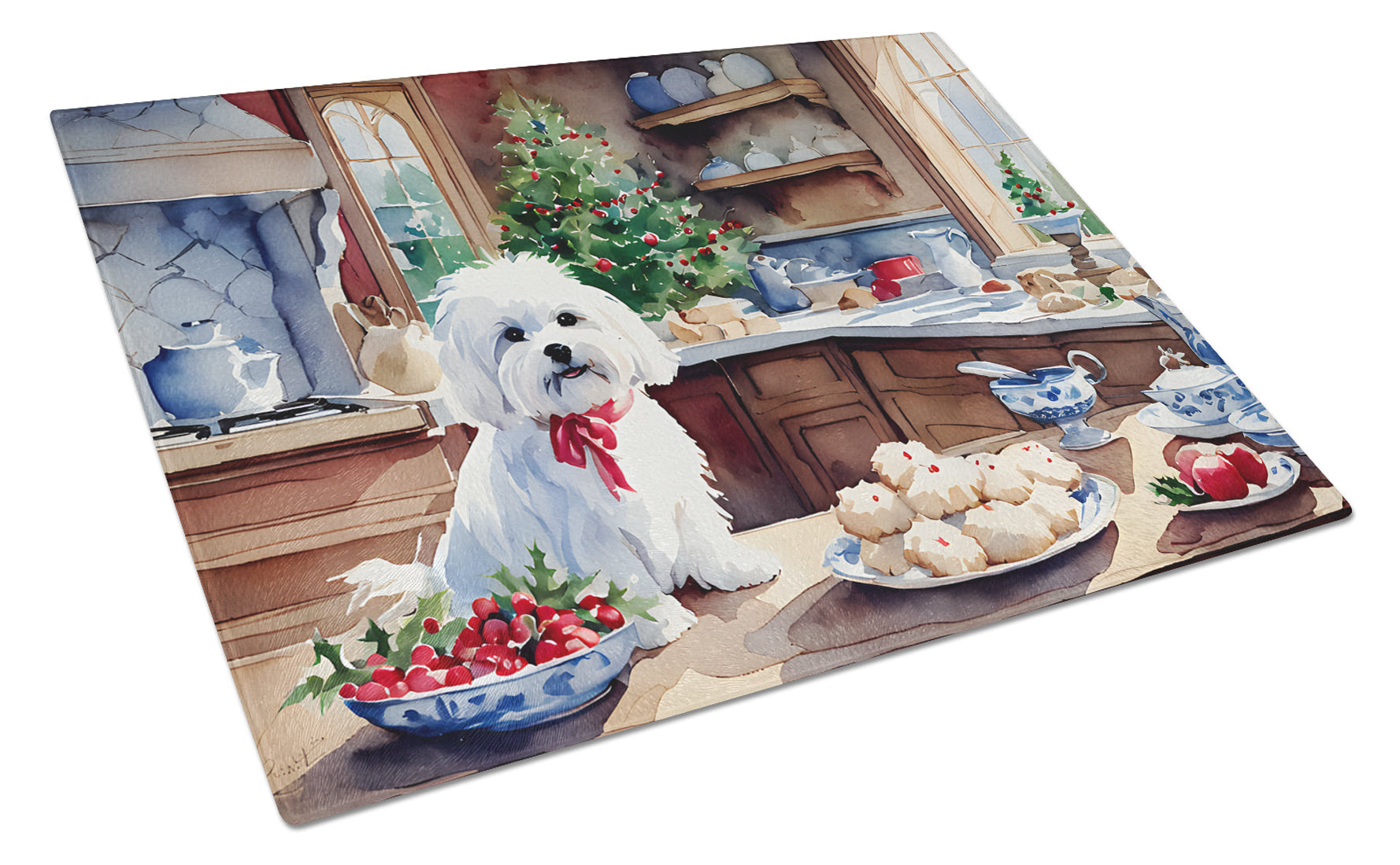 Maltese Christmas Cookies Glass Cutting Board