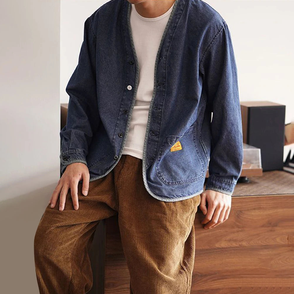 2024 Japanese Retro V-Neck Denim Jacket for Men