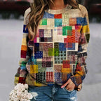 Printed Patchwork Round Neck Long Sleeve Women's Sweater