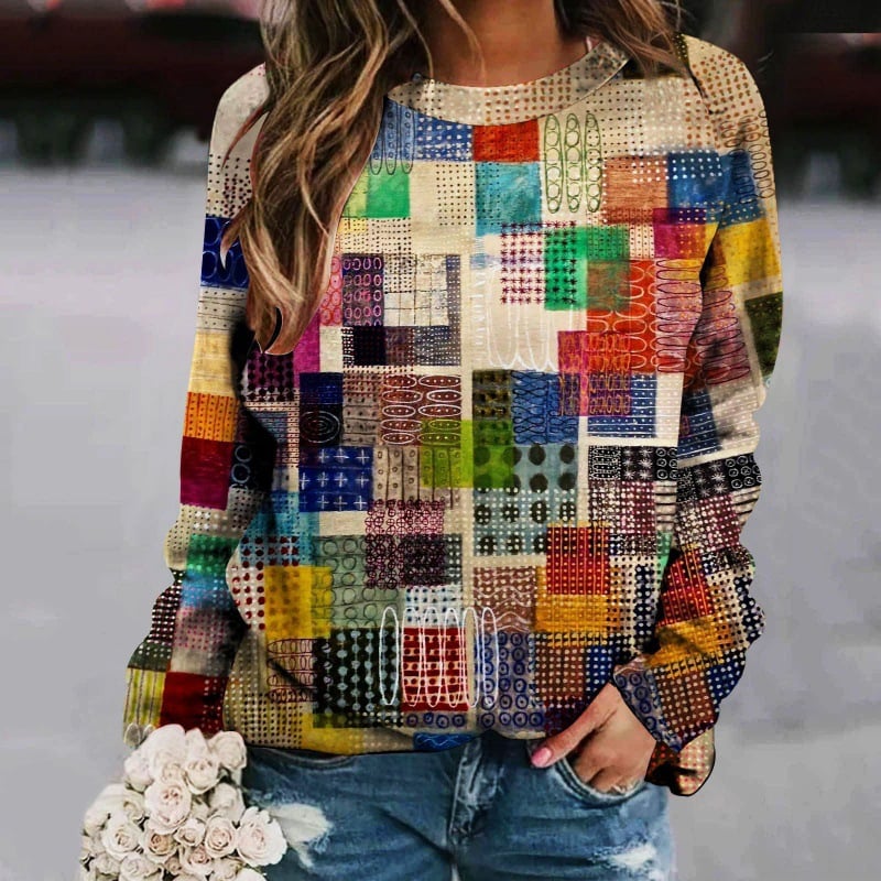 Printed Patchwork Round Neck Long Sleeve Women's Sweater