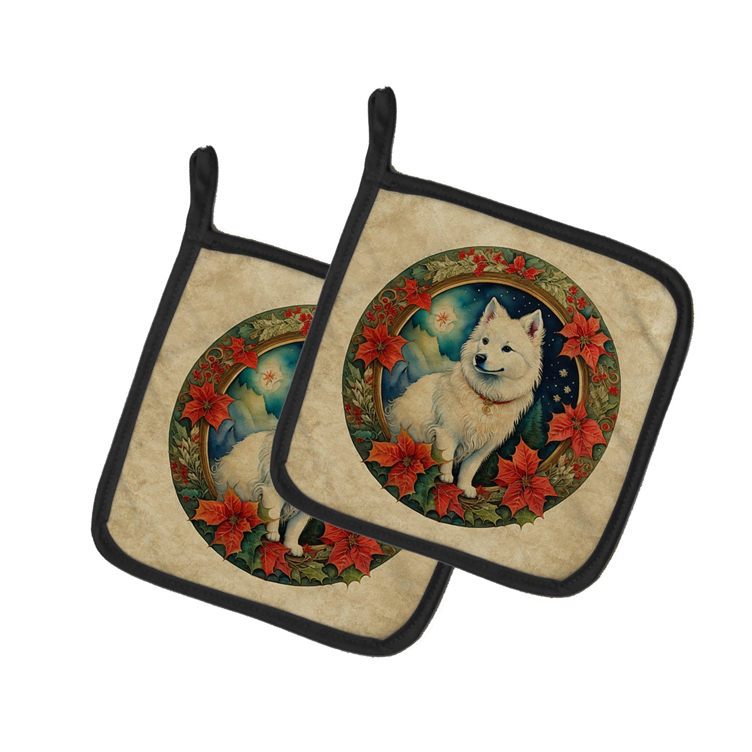 American Eskimo Christmas Flowers Pair of Pot Holders