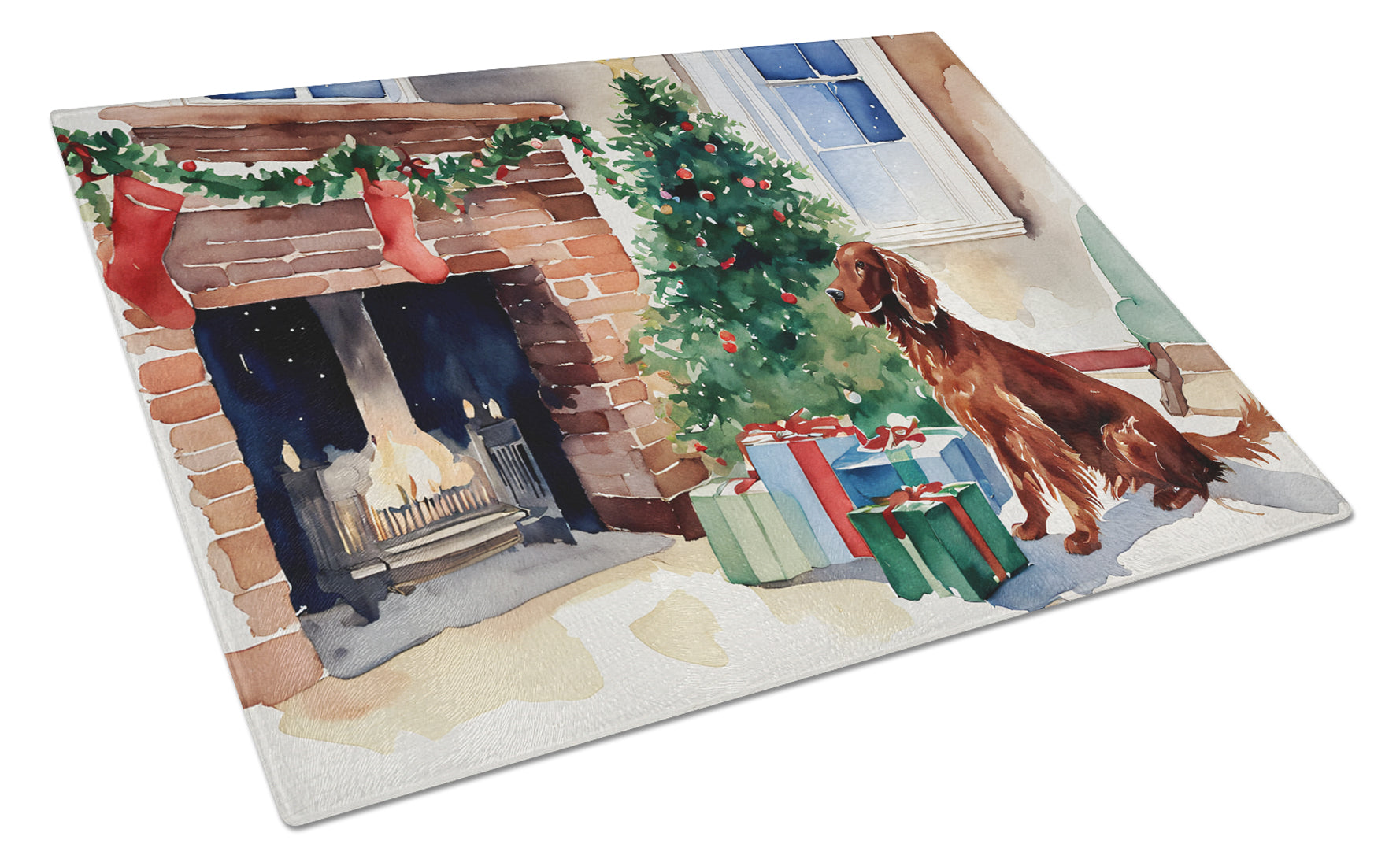 Irish Setter Cozy Christmas Glass Cutting Board