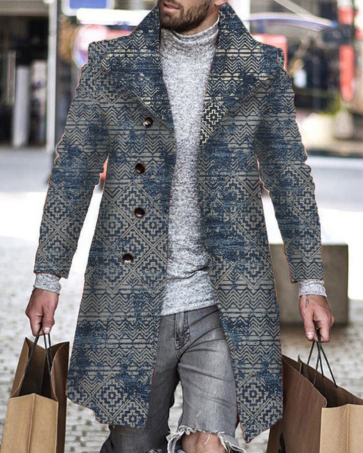 Men's Woolen Mid-length Trench Coat with Stand Collar
