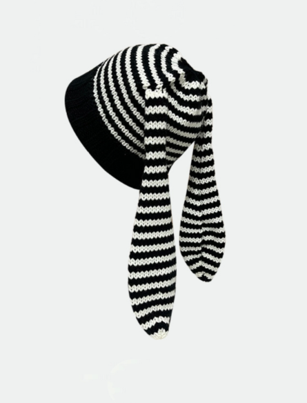Cute Rabbit Ears Striped Knit Wool Beanie Hat | Embroidered Cap