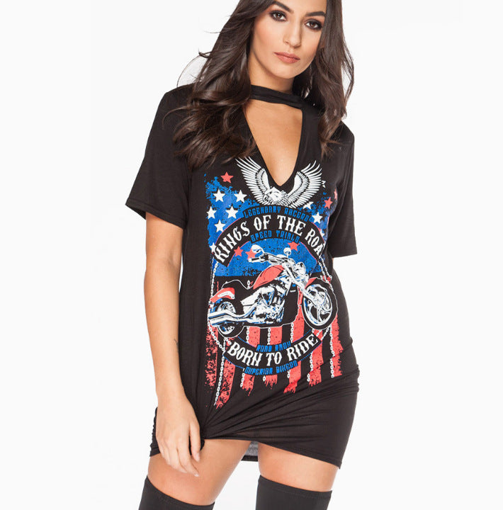 Eagle Motorcycle Print Halter Dress, Floral Design Dress