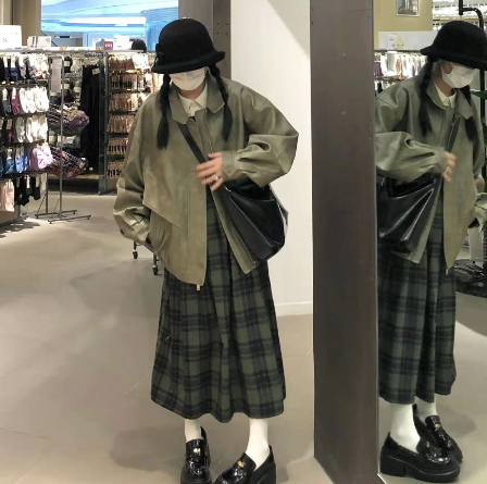 Vintage Green Plaid Wool Back Strap Matte Dress