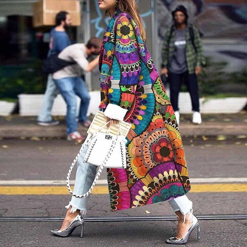 Women's Long Loose Print Double Breasted Trench Coat