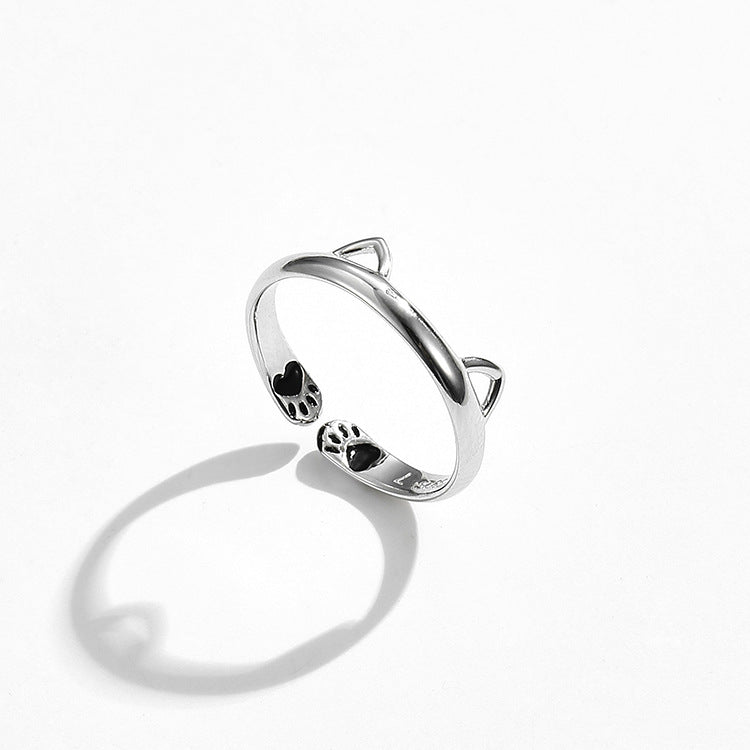 Silver Cat Ear and Paw Print Open Ring