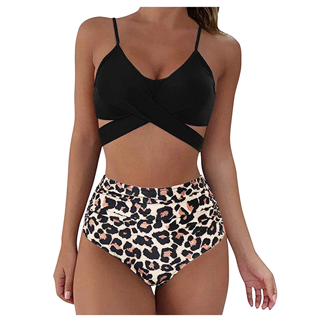 Cross Waist High Waist Leopard Print Bikini Set for Women