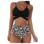 Cross Waist High Waist Leopard Print Bikini Set for Women
