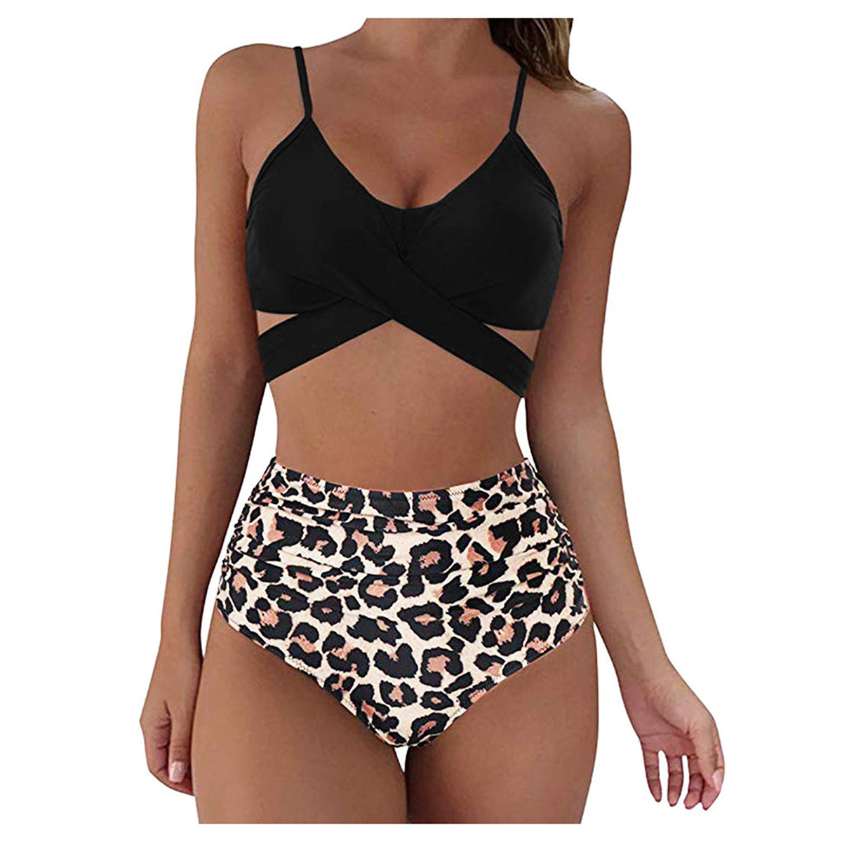 Cross Waist High Waist Leopard Print Bikini Set for Women